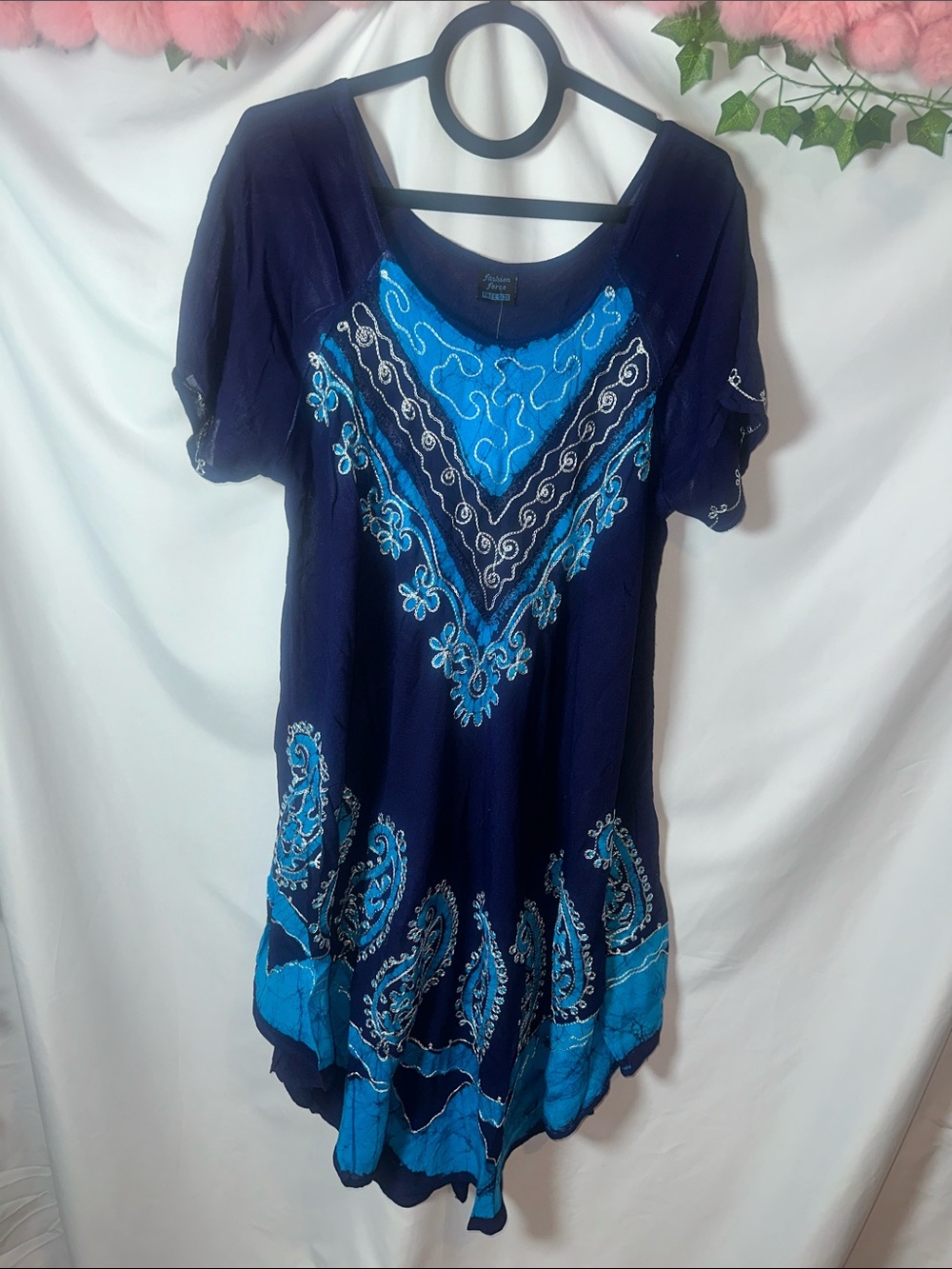 Embroidered Navy & Turquoise V-Neck Tunic Top